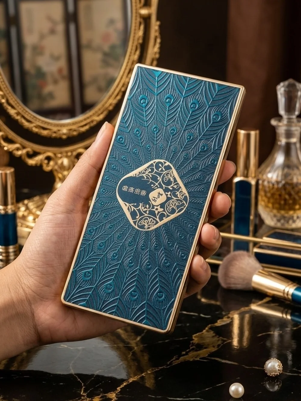 Luxury Teal and Gold NIB 7-Piece Makeup Set: Peacock Eyeshadow, BB Cream
